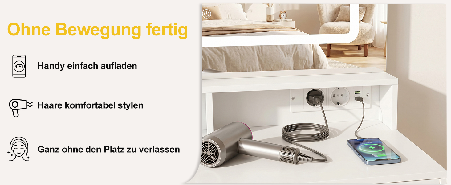 Schminktisch mit integrierter Stromversorgung und USB-Anschluss